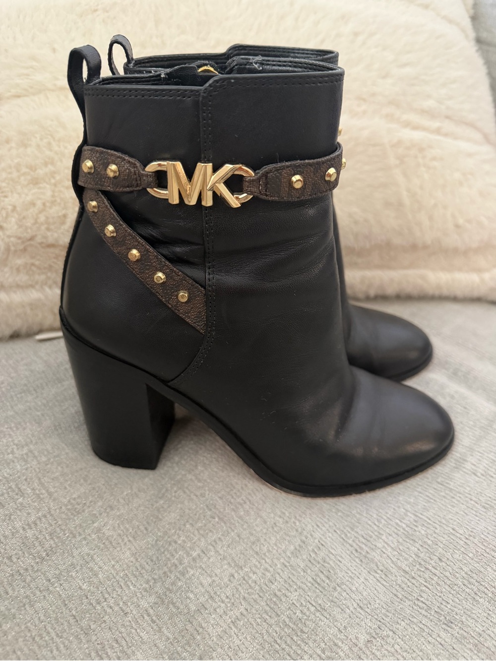 Michael Kors Black Leather Ankle Boots with Gold MK Hardware
